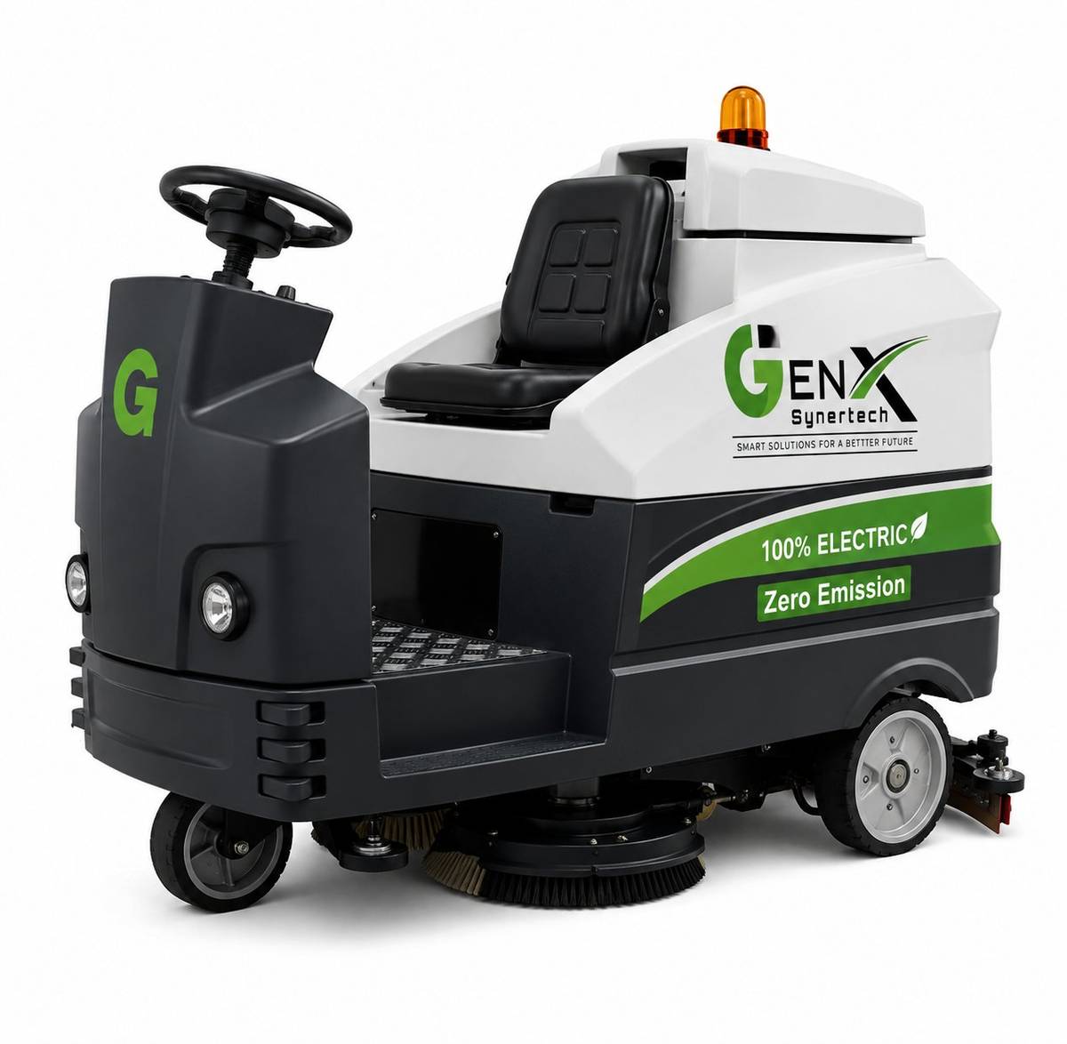 GenX electric ride-on sweeper side view showing zero emission badge and brushes